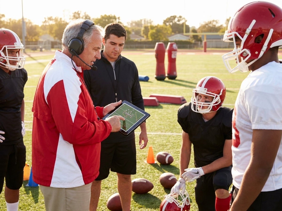 Football coach explaining a drill with a tactical board to players