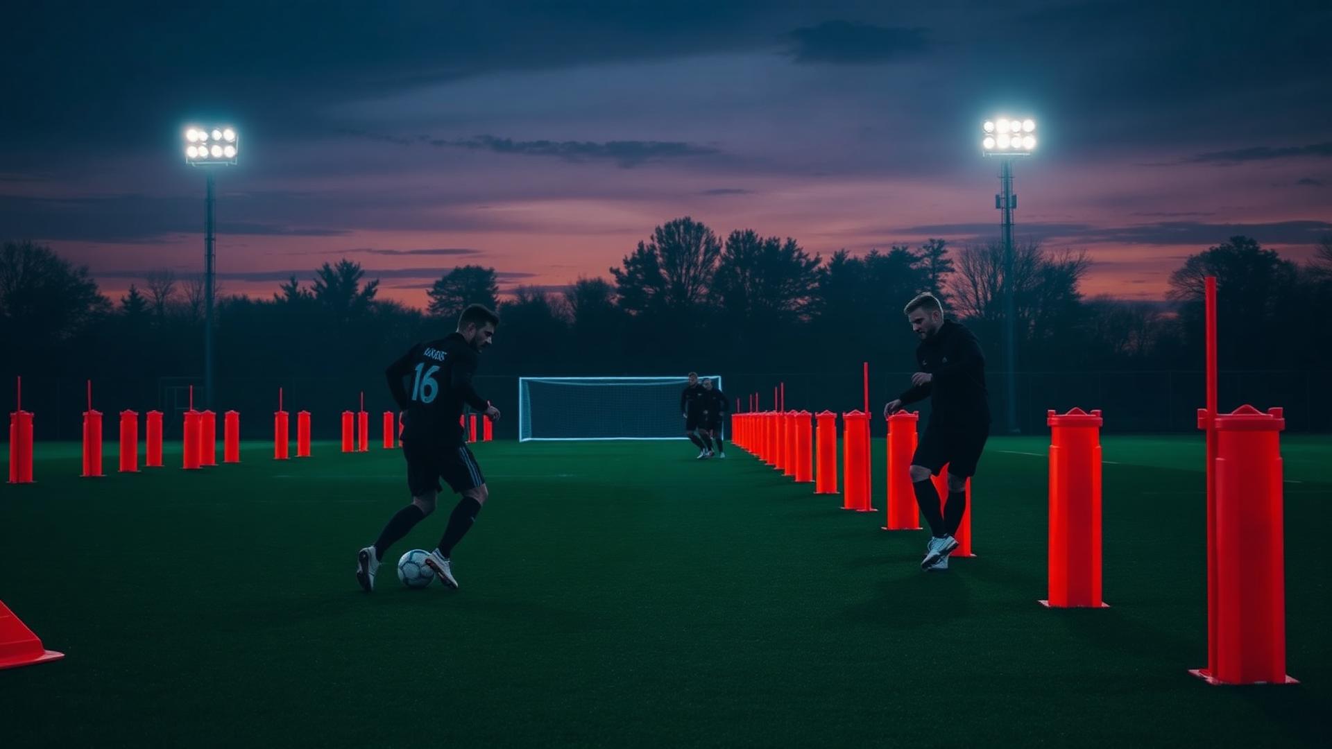 Football players training with cones under floodlights